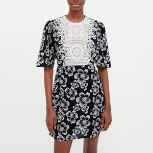 Zara Black & White Embroidered Floral Dress Size S